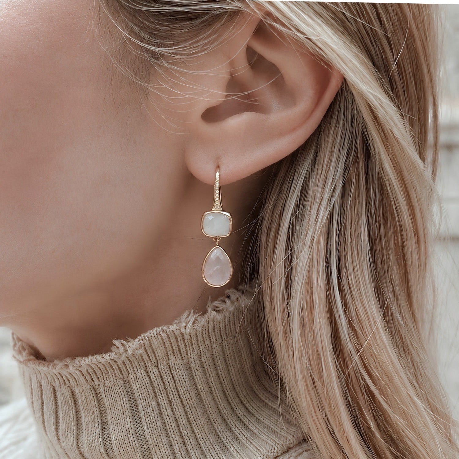 Charis Double Gemstone Earrings Moonstone &amp; Rose Quartz