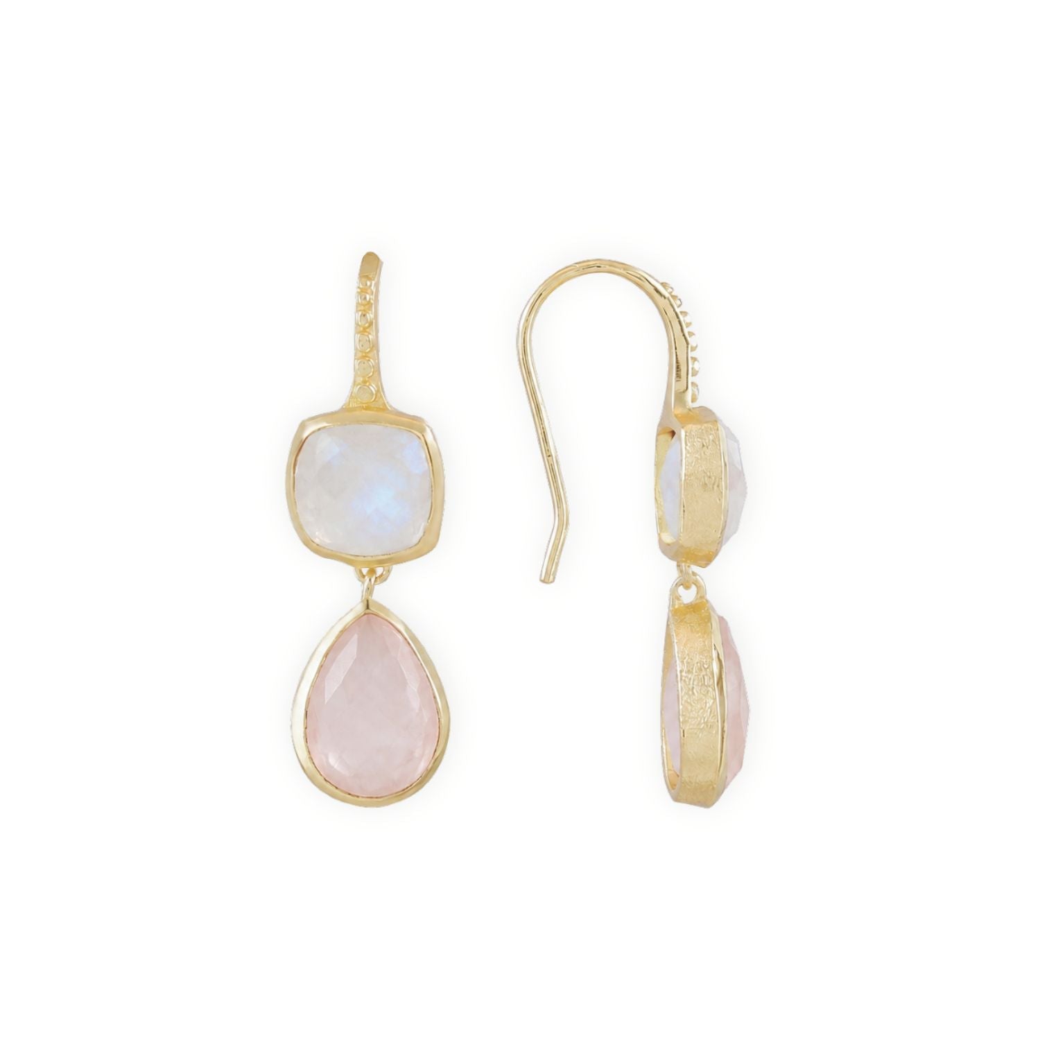 Charis Double Gemstone Earrings Moonstone &amp; Rose Quartz