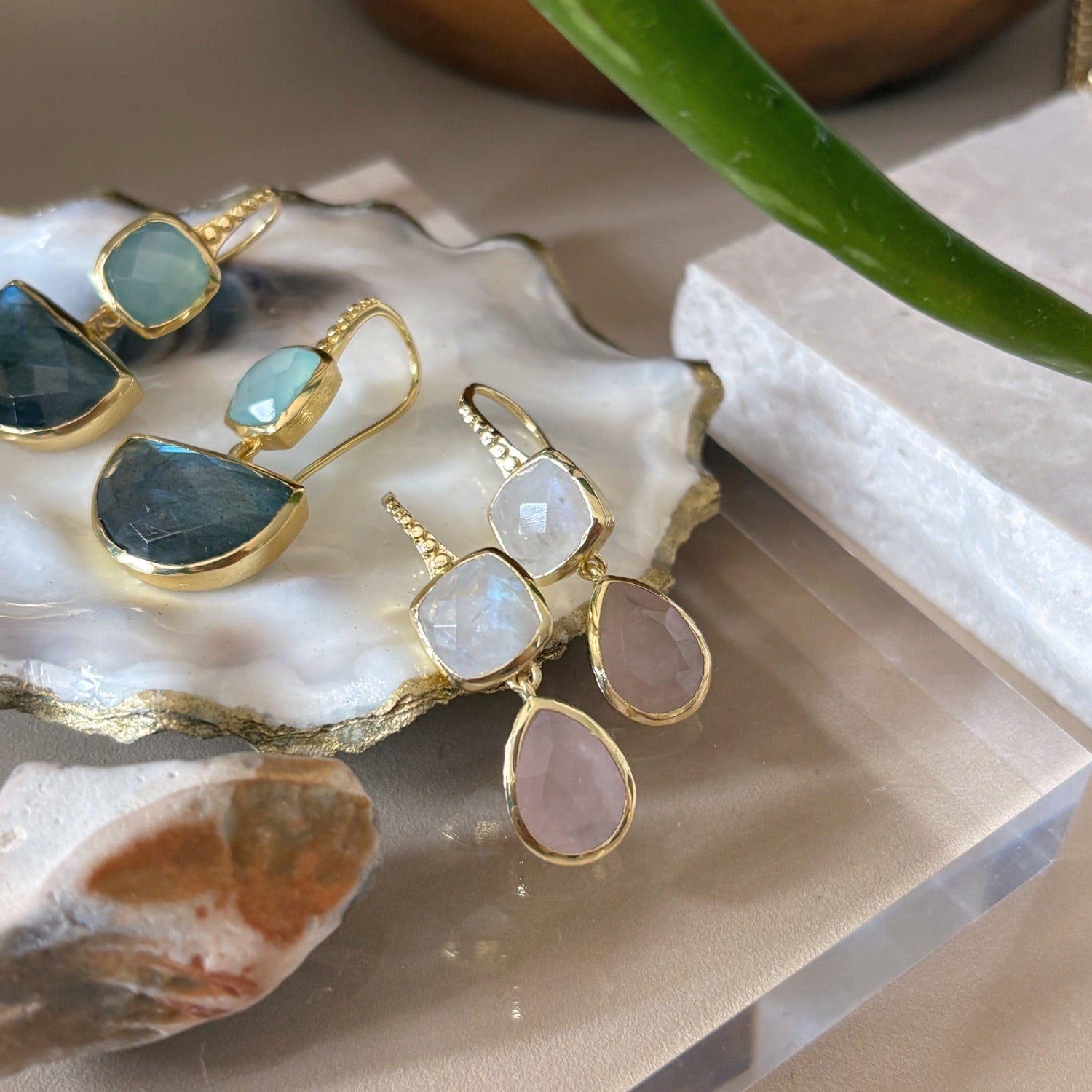 Charis Double Gemstone Earrings Moonstone &amp; Rose Quartz