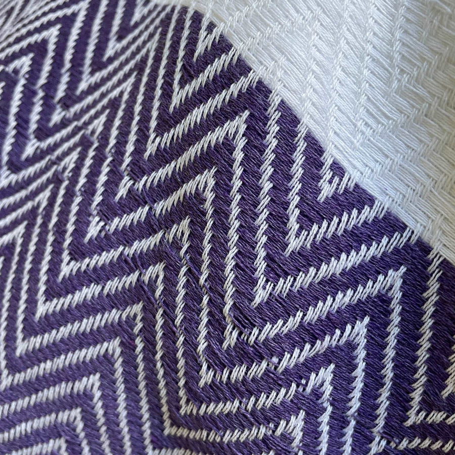Luxury deep purple chevron organic cotton throw, handloomed oversized blanket, premium soft heavyweight bedspread or sofa cover by Wildash London at brixbailey.com