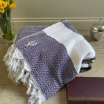 Luxury deep purple chevron organic cotton throw, handloomed oversized blanket, premium soft heavy weight for bed or sofa by Wildash London at brixbailey.com