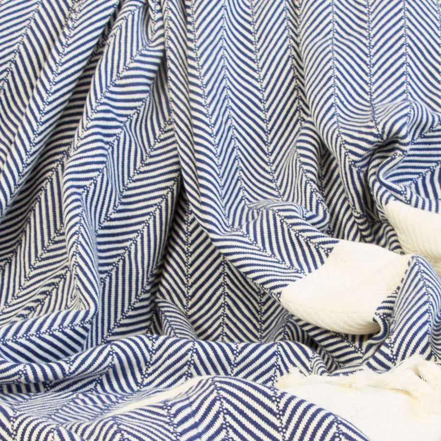 Luxury chevron organic cotton handloomed throw, navy, premium heavyweight blanket, stylish zigzag pattern, oversized 200x250cm by Wildash London at brixbailey.com