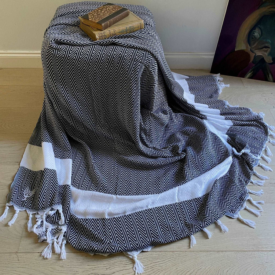 Luxury handloomed organic cotton chevron throw, navy blue, premium heavyweight, oversized 200x250cm, stylish zigzag pattern, soft texture by Wildash London at brixbailey.com