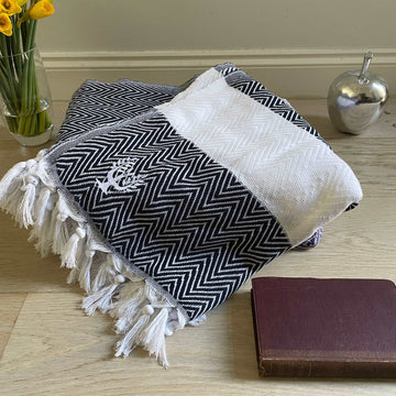 Luxury oversized navy chevron organic cotton throw, handloomed premium heavyweight blanket for bed or sofa, 200cm x 250cm by Wildash London at brixbailey.com