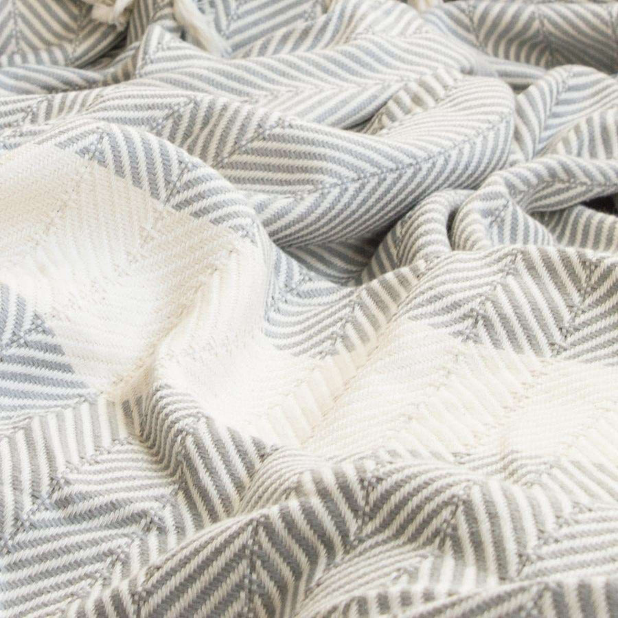 Luxury handloomed organic cotton chevron throw in pewter, oversized 200x250cm, premium heavyweight soft blanket for bed or sofa by Wildash London at brixbailey.com