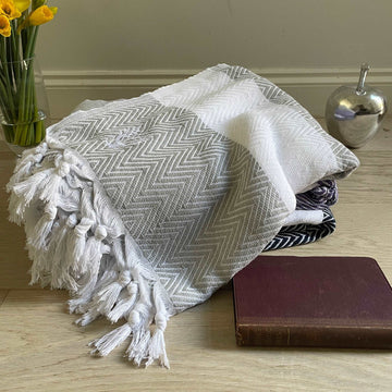 Luxury handloomed organic cotton chevron throw in pewter, oversized 200x250cm, premium heavyweight soft blanket for bed or sofa by Wildash London at brixbailey.com