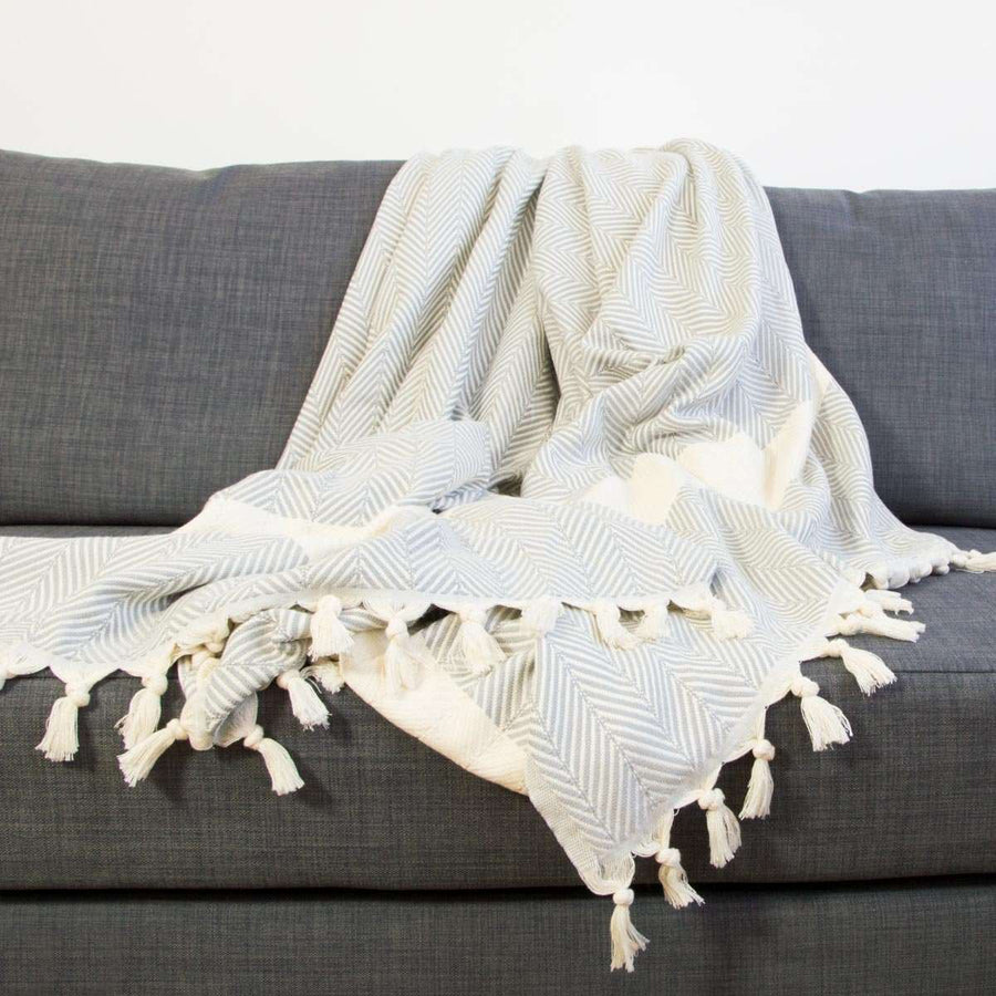 Luxury handloomed organic cotton chevron throw in pewter, oversized 200x250cm, premium heavyweight soft blanket for bed or sofa by Wildash London at brixbailey.com