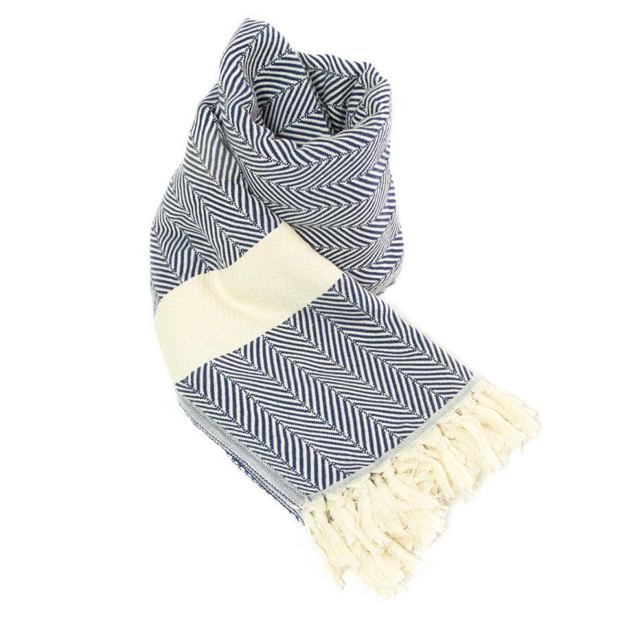 Luxury chevron organic cotton handloomed throw, navy, oversized 200x250cm, premium heavyweight, soft, stylish zigzag pattern, best-selling by Wildash London at brixbailey.com