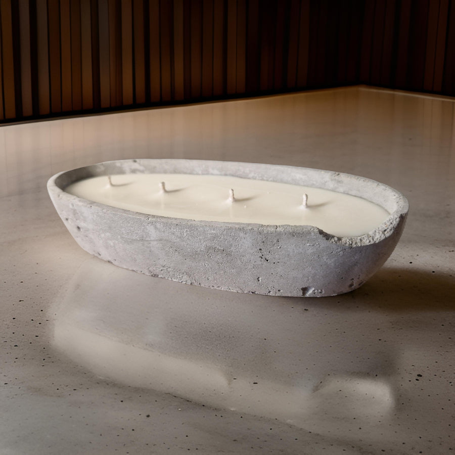Luxury multi wick concrete loaf bowl candle, premium handcrafted 4-wick oval design, stylish minimalist home decor, long-lasting layered fragrance by Ralph's Orchard at brixbailey.com
