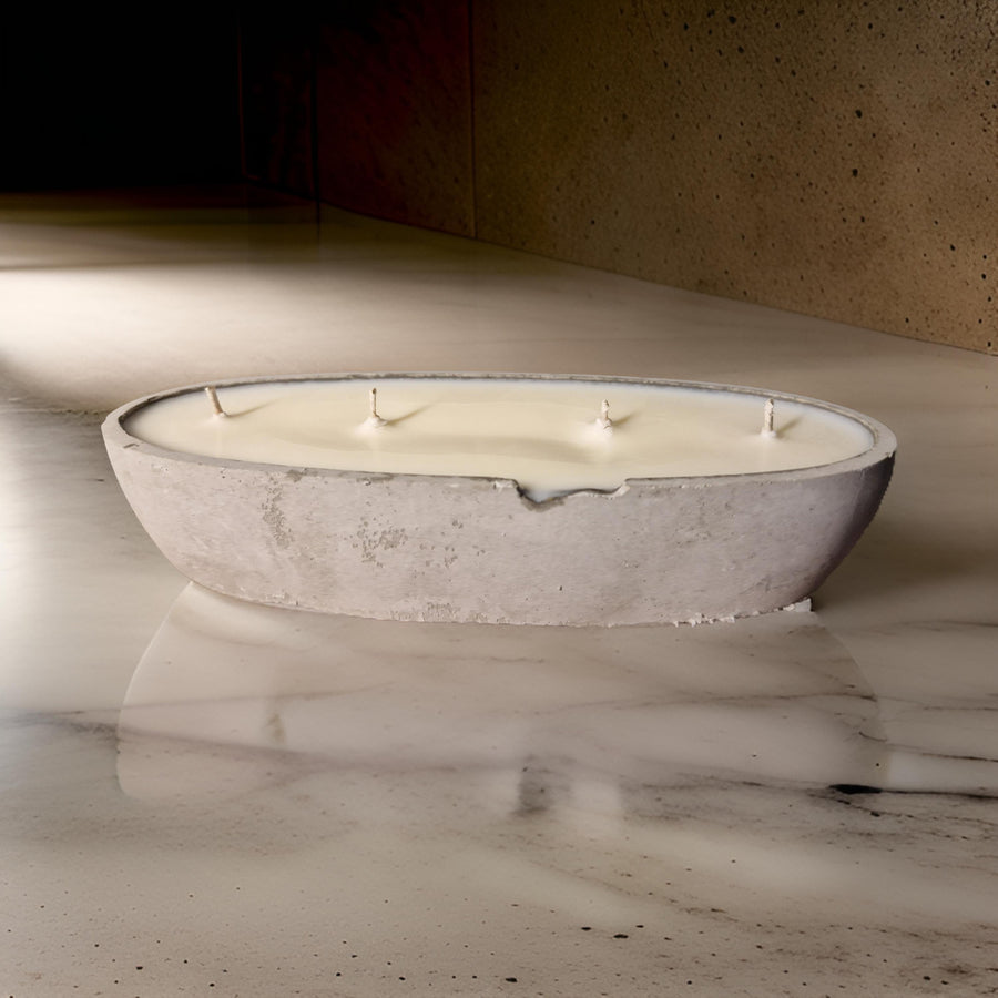 Luxury multi wick concrete oval loaf bowl candle, premium handcrafted 4-wick design, stylish minimalist home decor, best-selling statement piece by Ralph's Orchard at brixbailey.com
