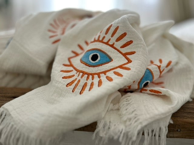 Long Cotton Robe: White with Orange &amp; Blue Eye