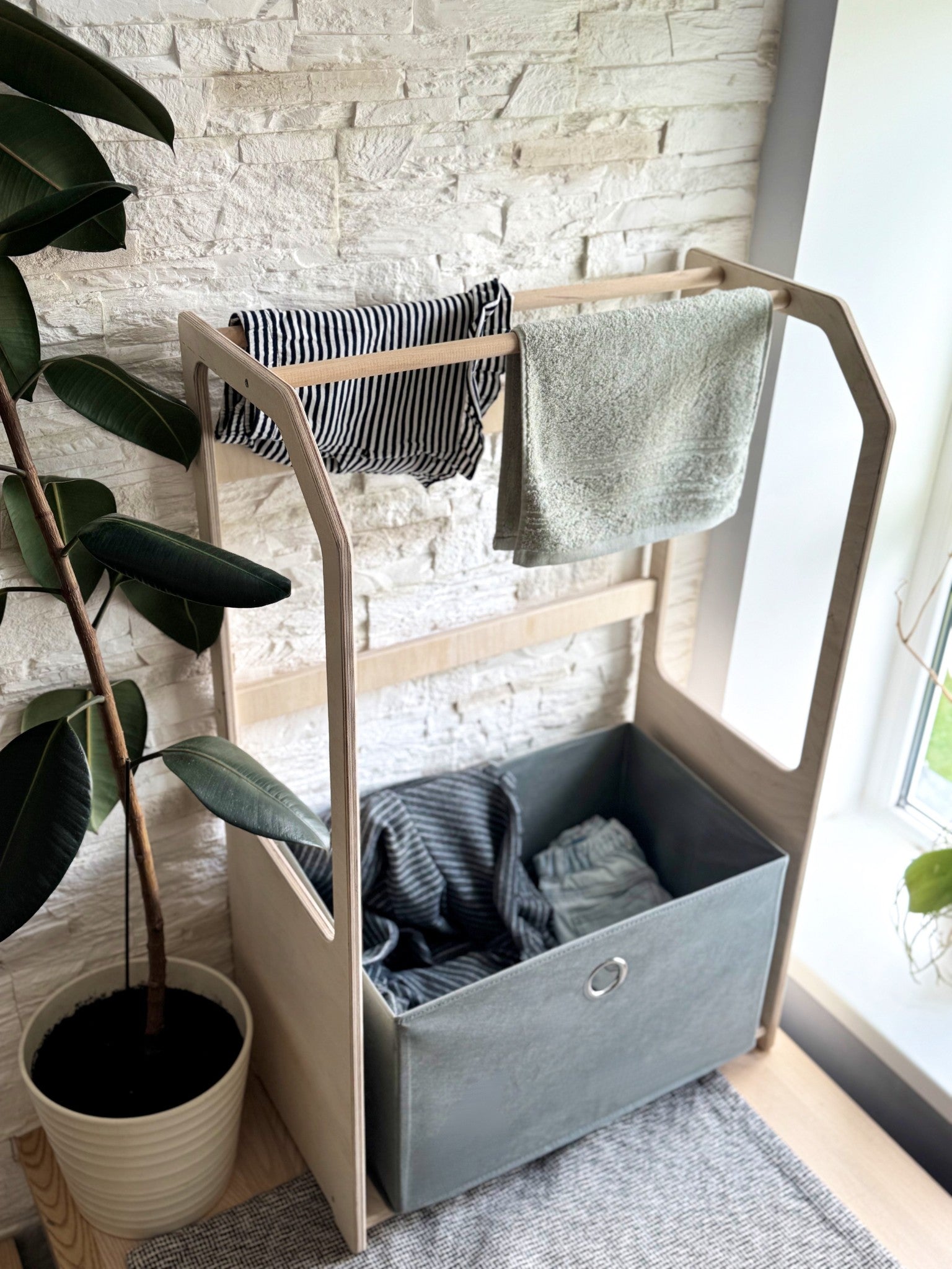 Wooden Drying Rack and Laundry Basket for Children