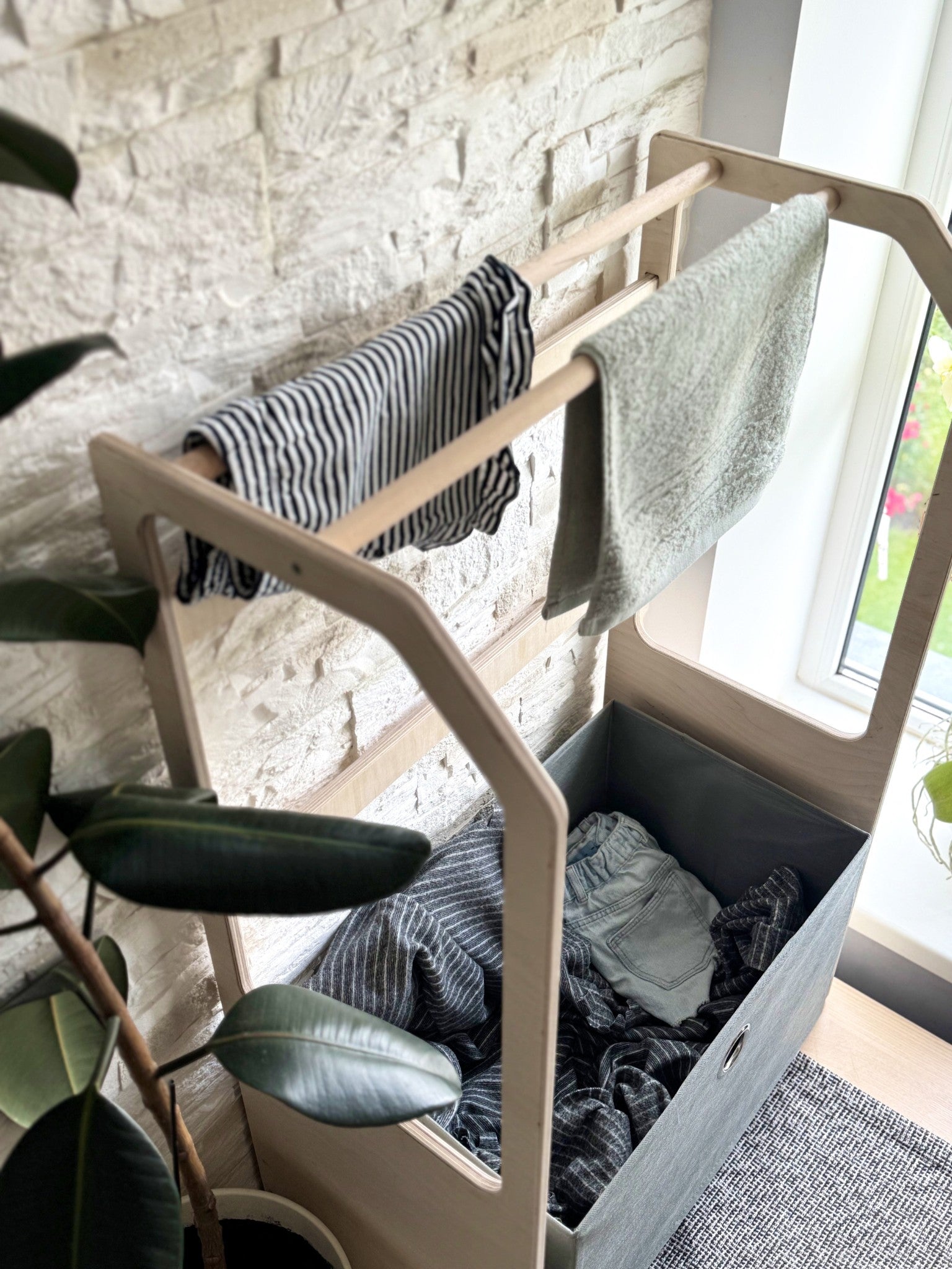 Wooden Drying Rack and Laundry Basket for Children