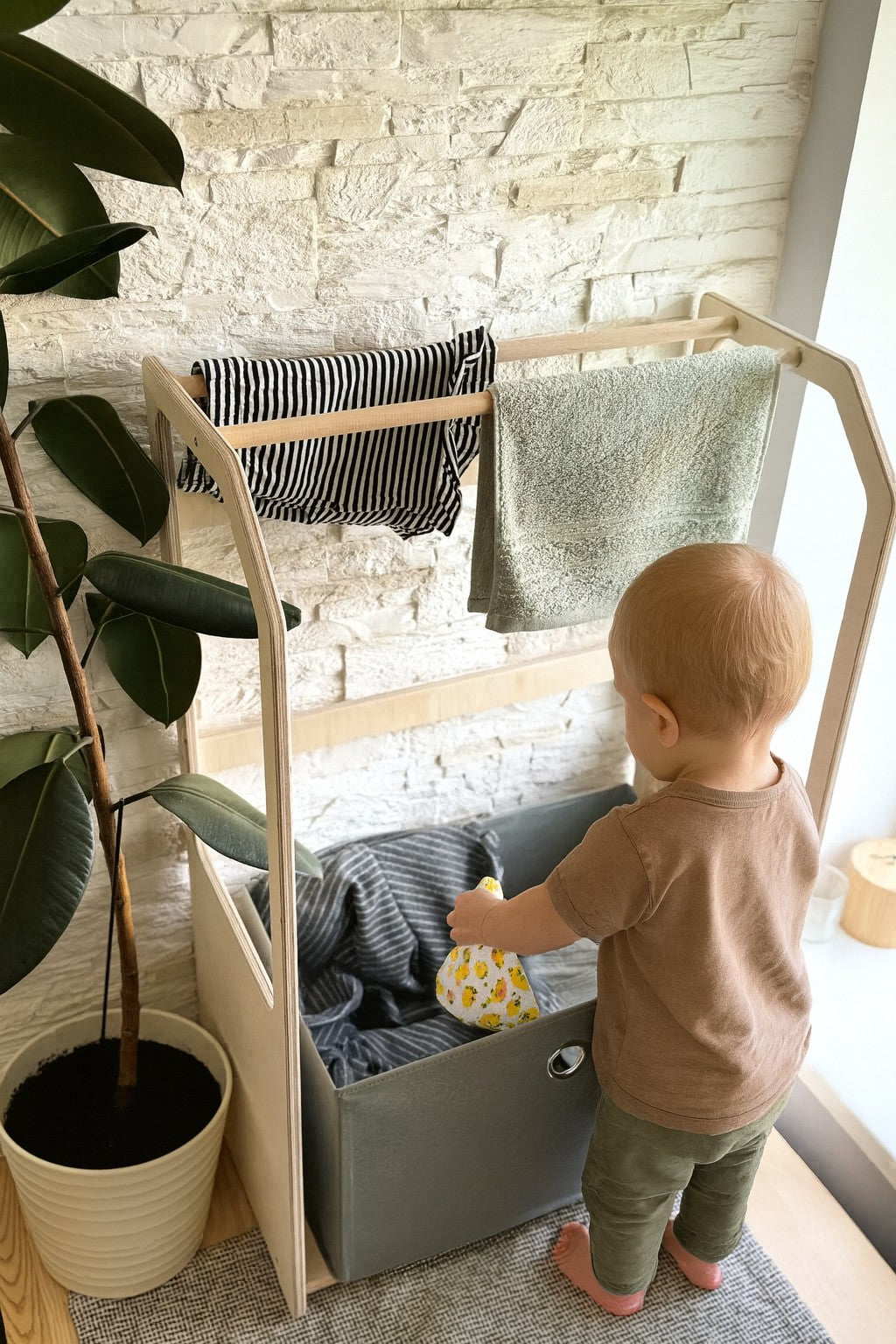 Wooden Drying Rack and Laundry Basket for Children
