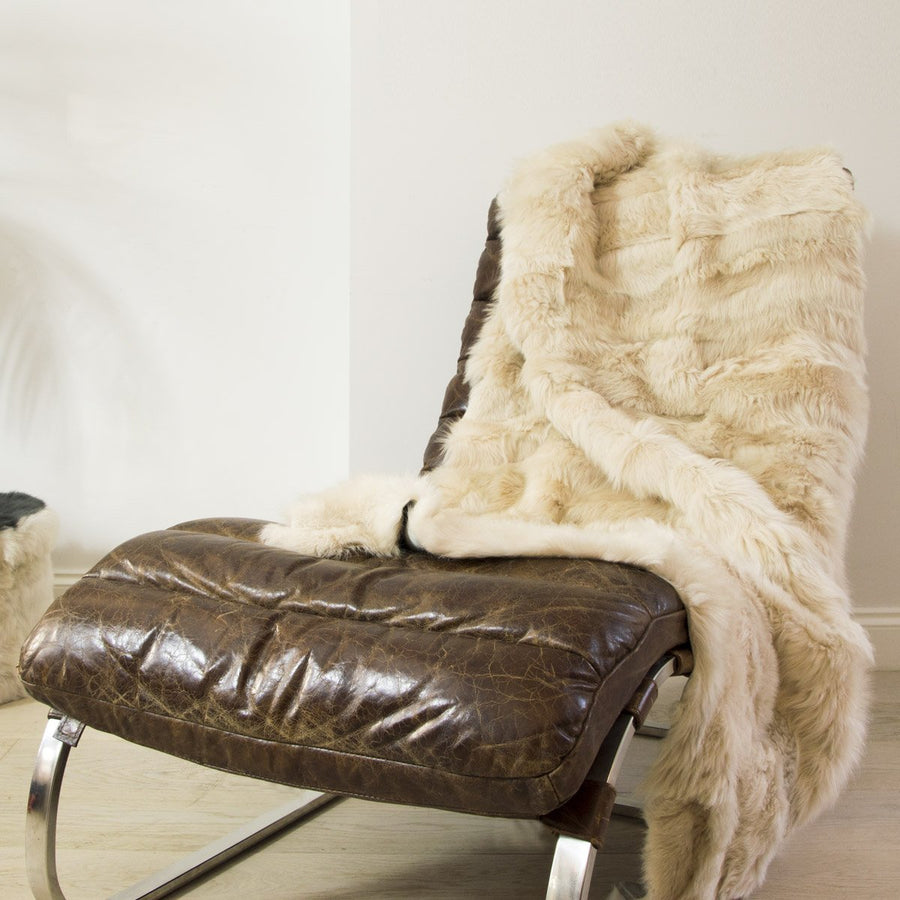 Luxury champagne Tuscan shearling throw rug, premium handcrafted unique piece, stylish bed or sofa decor, best-selling warm textured design by Wildash London at brixbailey.com