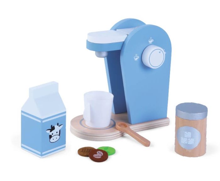 bold wooden coffee play set for kids with coffee machine and pods on a dark background