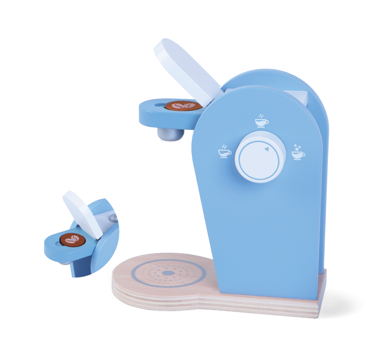 playful toddler pretending to be a barista with a wooden coffee machine and pods