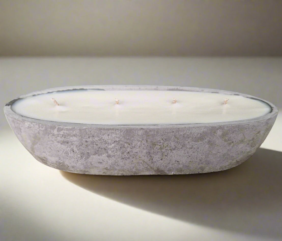 Luxury multi wick concrete loaf bowl candle, premium four-wick design, stylish modern minimalist home decor, long-lasting burn, rich layered fragrance by Ralph's Orchard at brixbailey.com