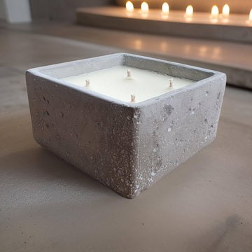Luxury concrete scented candle in minimalist cement container, premium fragrances like vintage bookshop, zen, enchanted forest, rock salt amber, vegan and eco-friendly by Ralph's Orchard at brixbailey.com