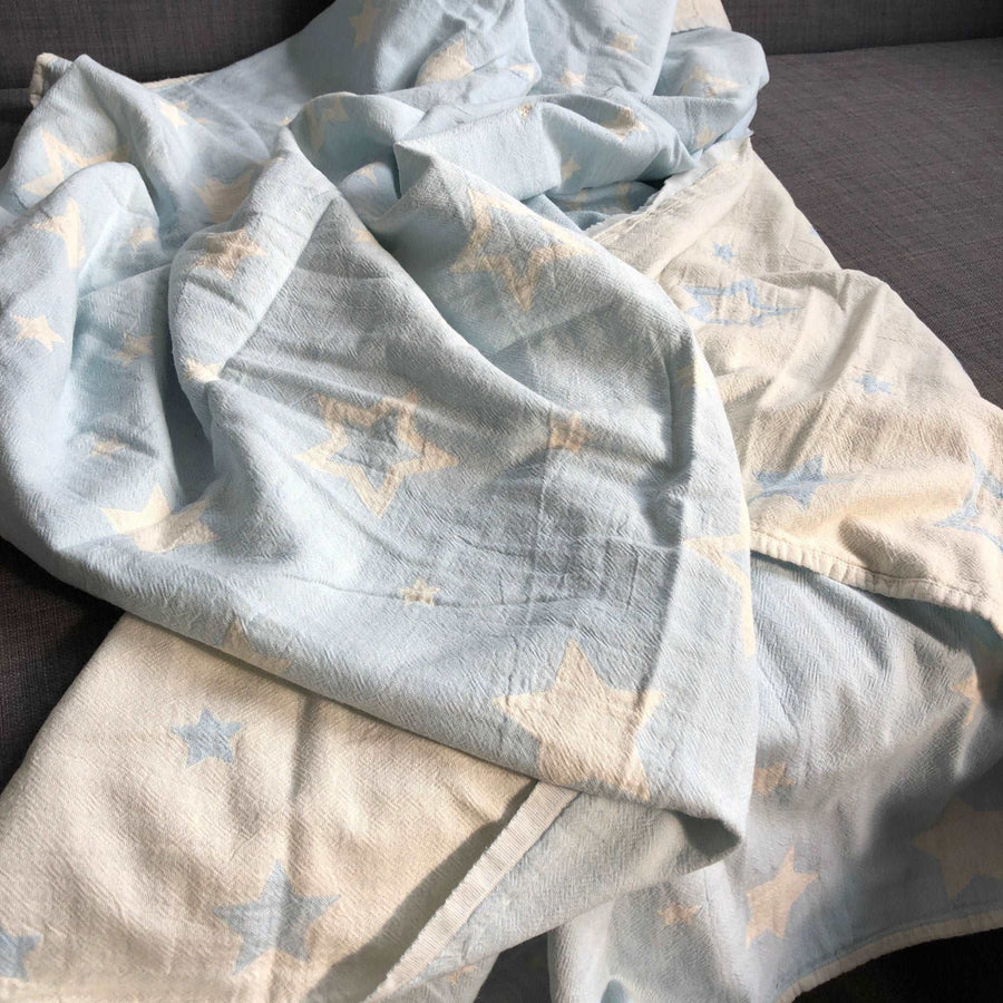 Luxury jacquard hammam towel, 100% organic cotton throw, constellations design, sky blue, premium soft, stylish sofa cover, 140cm x 170cm by Wildash London at brixbailey.com