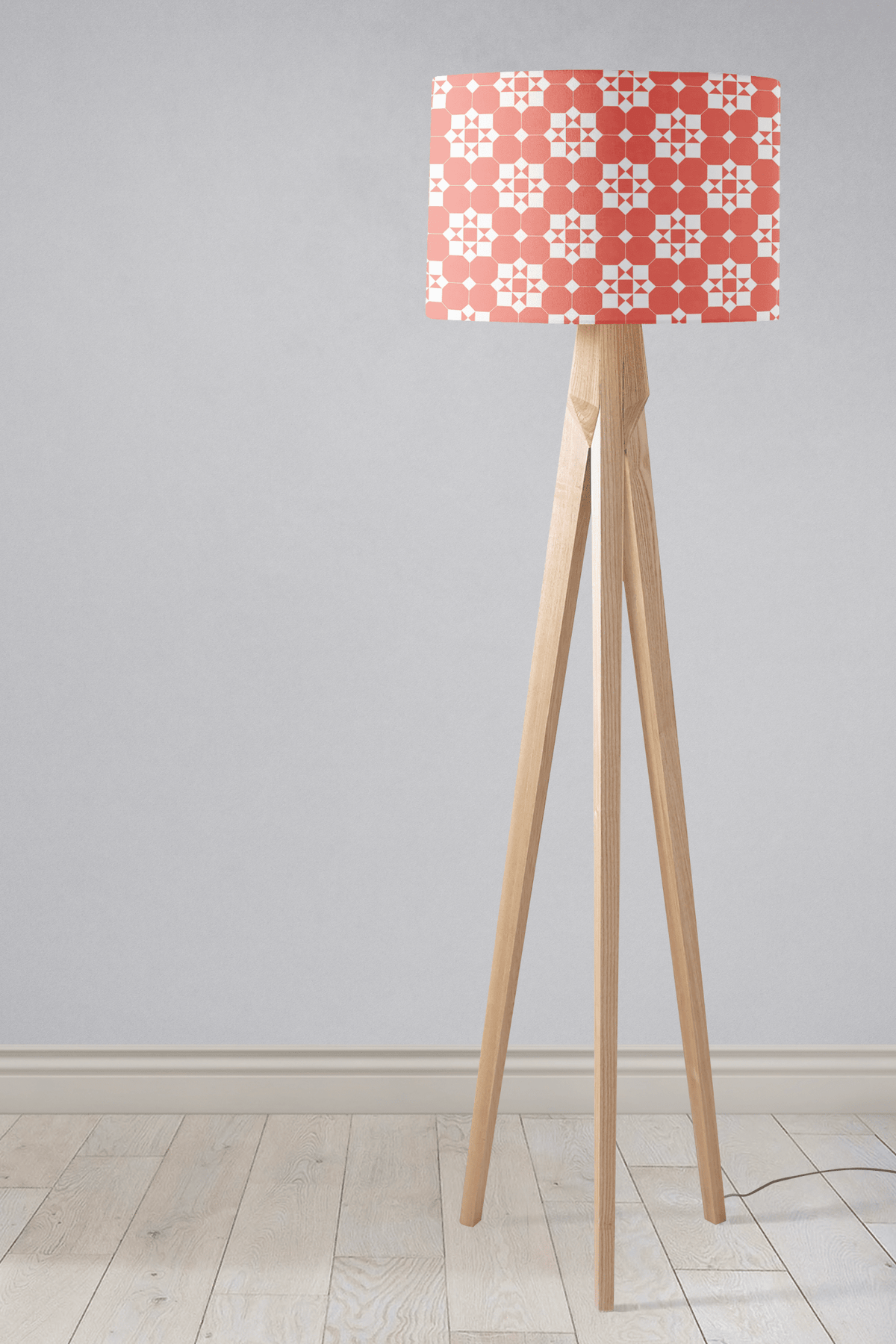 Coral and White Drum Lampshade, Victorian Tiles Design Shade for Table, Floor or Ceiling Pendant Light