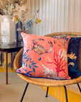 Coral watercolour art Cushion 'Pure shores' double sided design with starfish illustration, made from Vegan friendly Suede