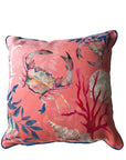 Coral watercolour art Cushion 'Pure shores' double sided design with starfish illustration, made from Vegan friendly Suede