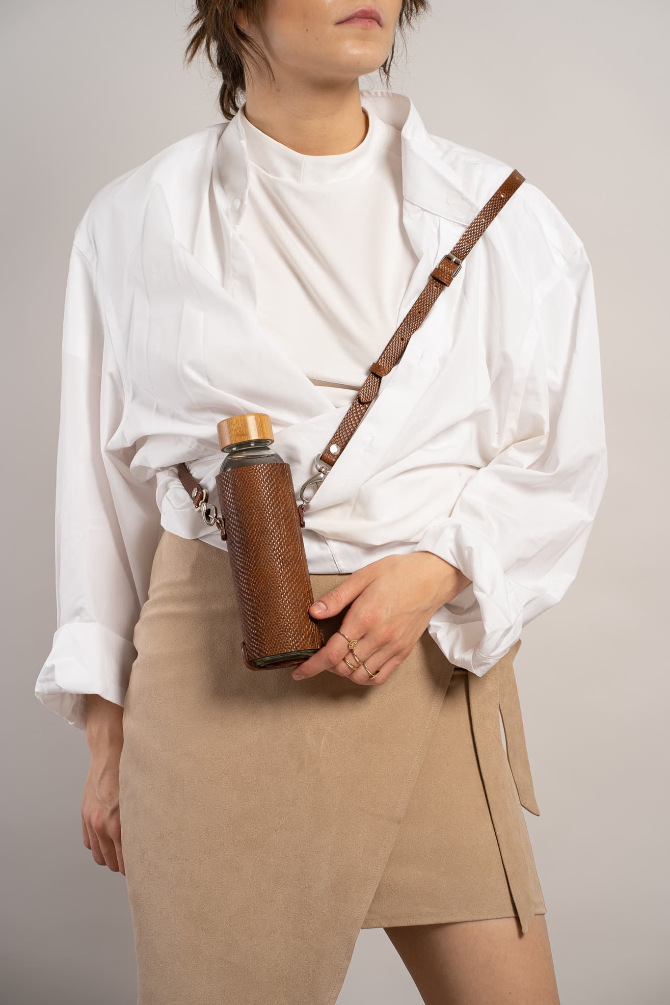 Leather Water Bottle Holder with Glass Bottle and Adjustable Strap