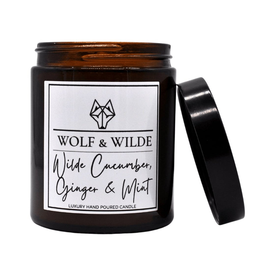 Luxury cucumber ginger mint aromatherapy candle, green floral scent with lemon, spearmint, jasmine, rose, musk, vegan friendly by Wolf & Wilde at brixbailey.com