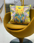 Vibrant citrus yellow watercolour art Cushion 'Stallion' double sided Zebra design, made from Vegan friendly Suede