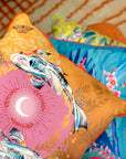Koi watercolour art Cushion 'Golden pool' double sided design with fish illustration, made from Vegan friendly Suede