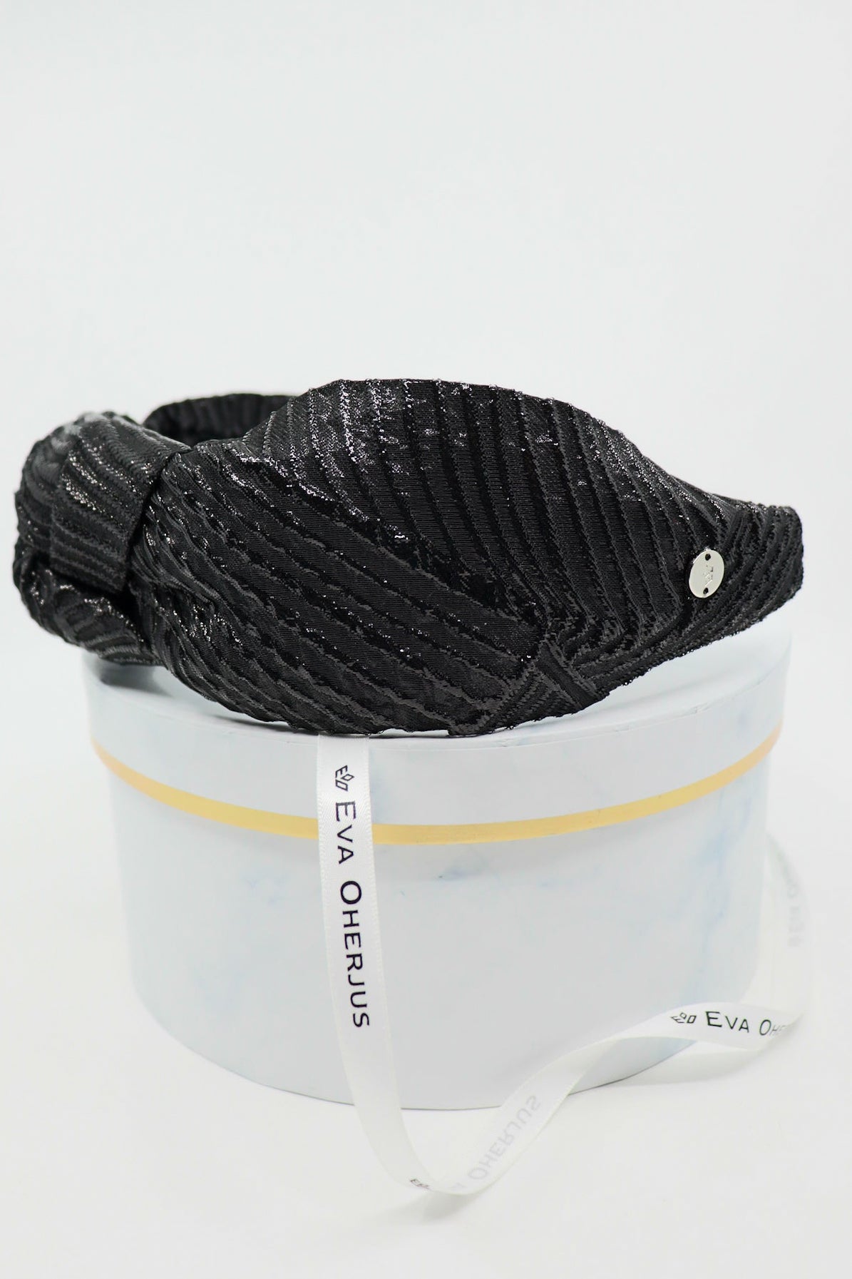 Luxury Black Shimmer Top Knot Headband – Handcrafted & Silk-Lined by Eva Oherjus at www.brixbailey.com