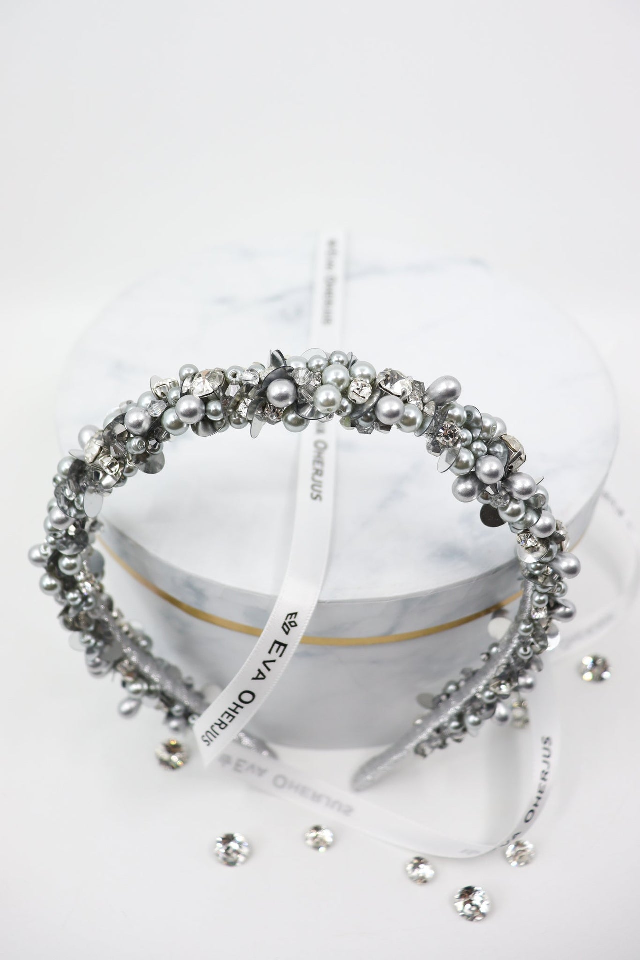 Selena Thin Silver Headband – Swarovski Crystals &amp; Pearls by Eva Oherjus at www.brixbailey.com