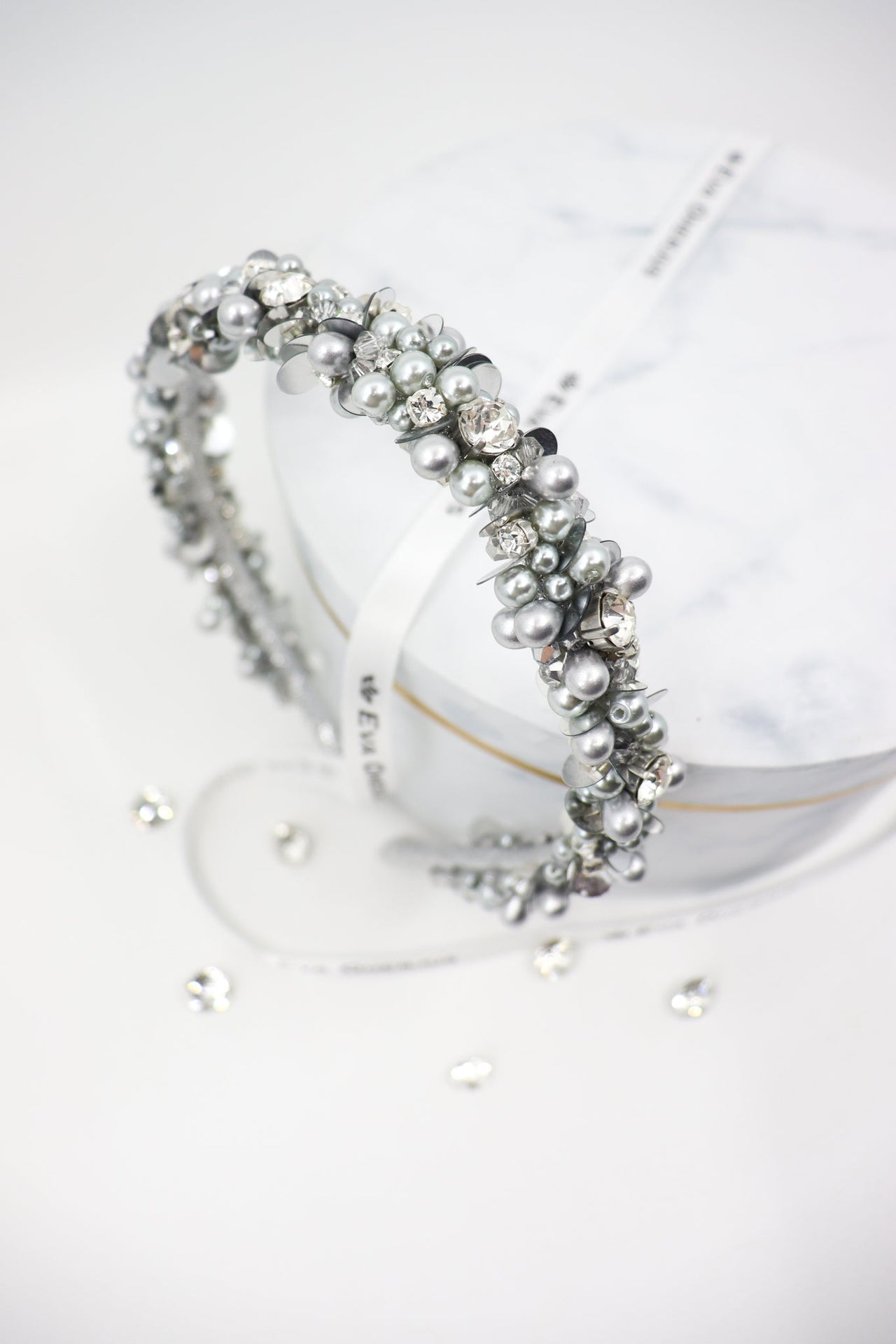 Selena Crystal &amp; Pearl Thin Silver Headband – Luxurious Handmade Accessory by Eva Oherjus at www.brixbailey.com
