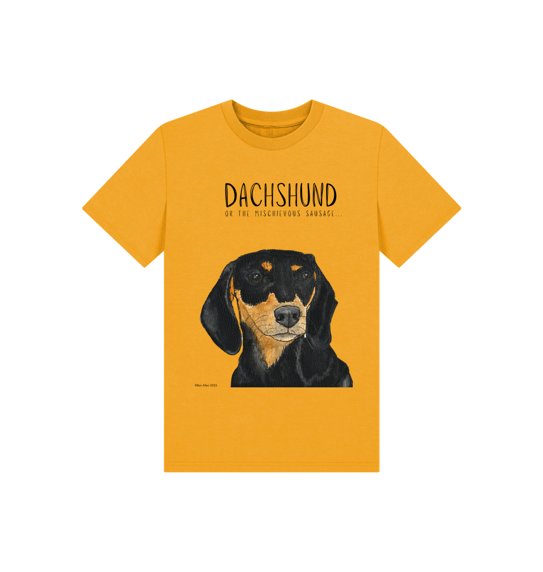 Mischievous Black &amp; Tan Hot Dog Kids' T-Shirt – Small Pup, Big Attitude!