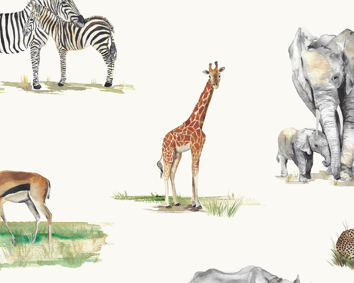 Safari Animals Watercolour Wallpaper - Children's Bedroom &amp; Nursery