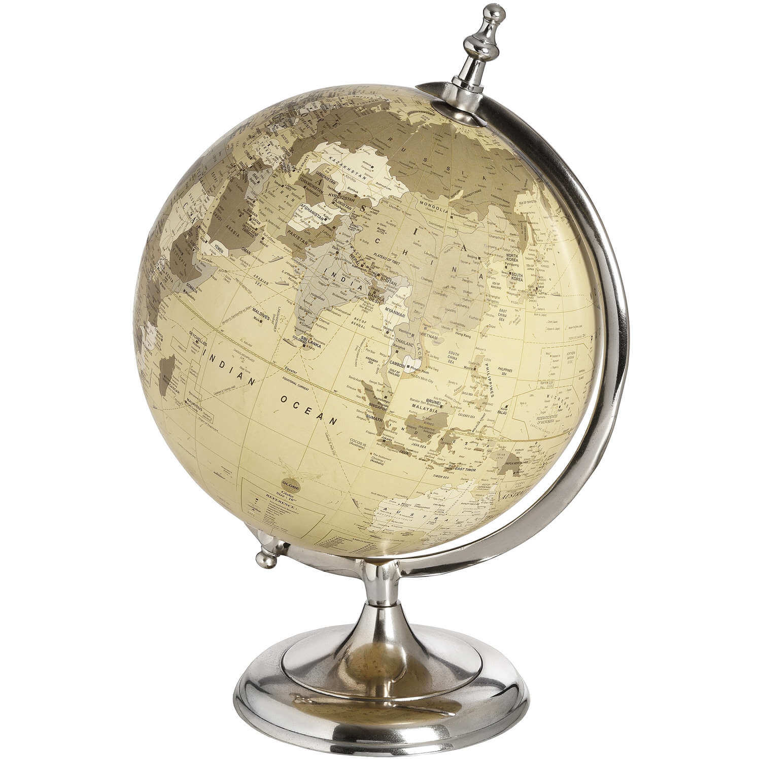 Chrome desktop globe with vintage map on cream background, polished silver stand, 20cm diameter, elegant office decor by RoomLondon at brixbailey.com