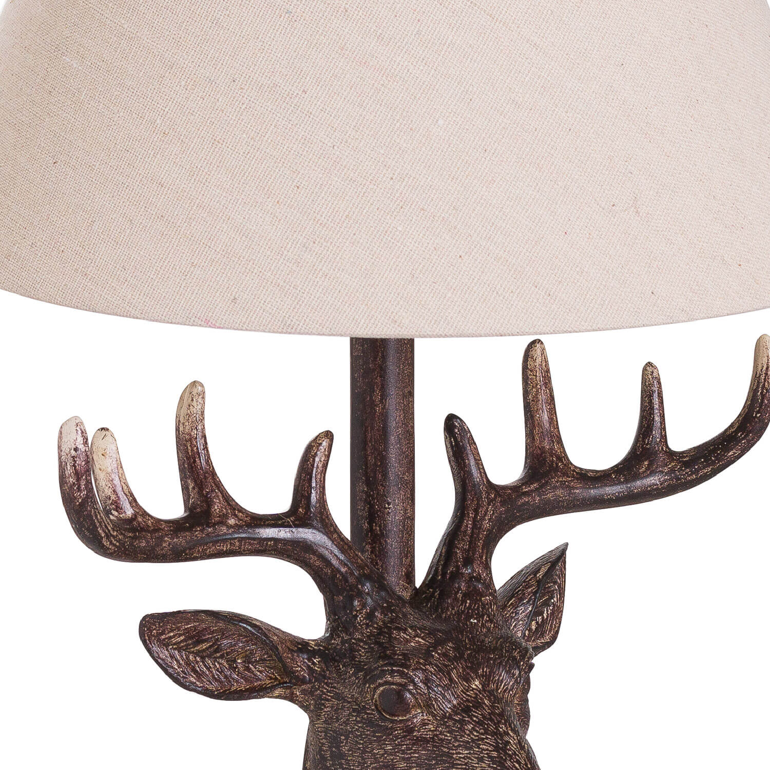 Rustic Stag Head Lamp | Linen Shade Table Light