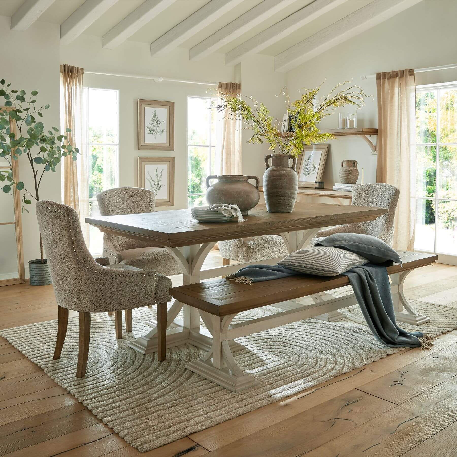 Rustic Dining Bench in Pine and White