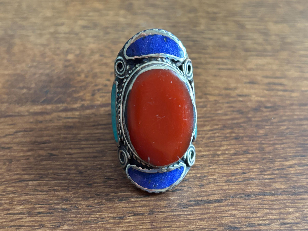 Tibetan Silver Mosaic Ring – Turquoise, Coral, Amber & Lapis