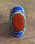 Tibetan Silver Mosaic Ring – Turquoise, Coral, Amber & Lapis