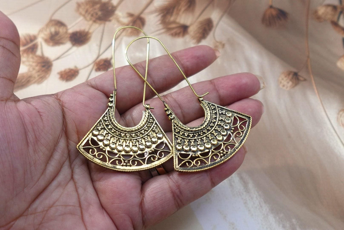 Fan-Shaped Tribal Brass/Silver Earrings