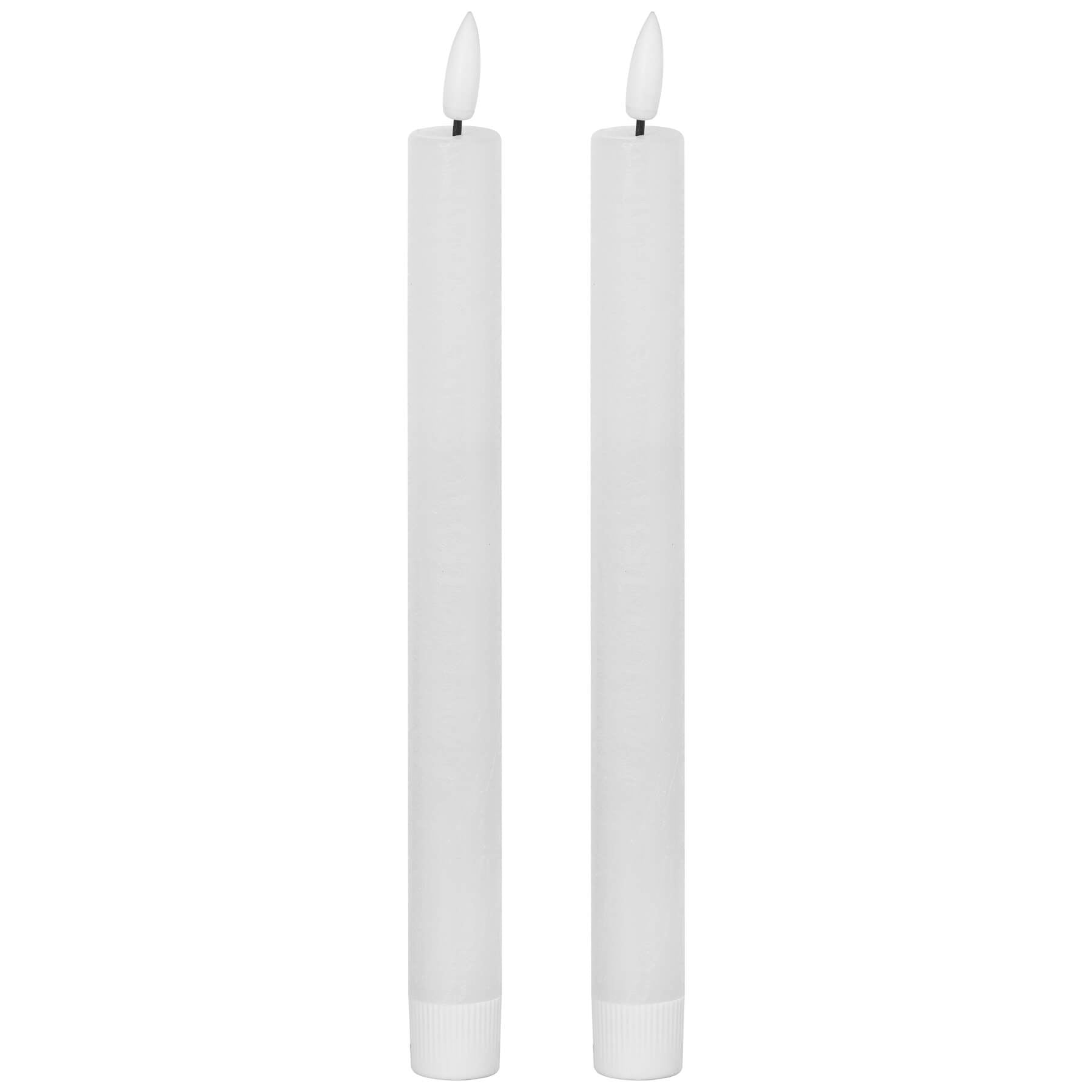 White LED dinner candles with realistic wax texture and flickering flame effect, set of two by RoomLondon at brixbailey.com