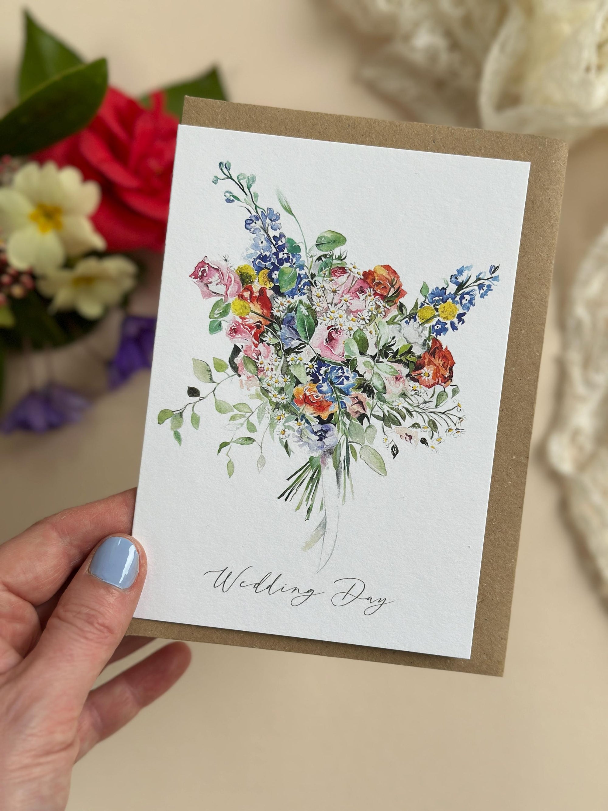 Floral Happy Wedding Day Card – Hand-Painted Watercolour Bouquet