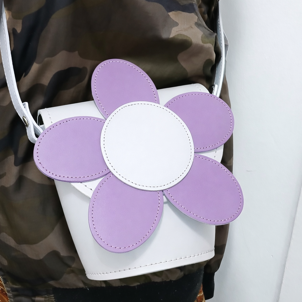 Handmade Leather Daisy Barrel Bag - White &amp; Violet