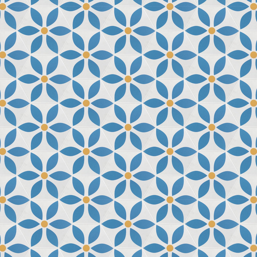 Luxury Daisy porcelain tile, premium blue and white floral pattern, durable anti-slip grade, modern stylish design for interiors and exteriors by Maria Starling Design at brixbailey.com