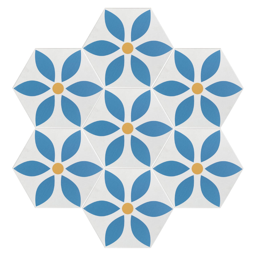 Daisy porcelain tile, luxury modern blue and white floral anti-slip tile, premium durable ceramic for interior and exterior by Maria Starling Design at brixbailey.com