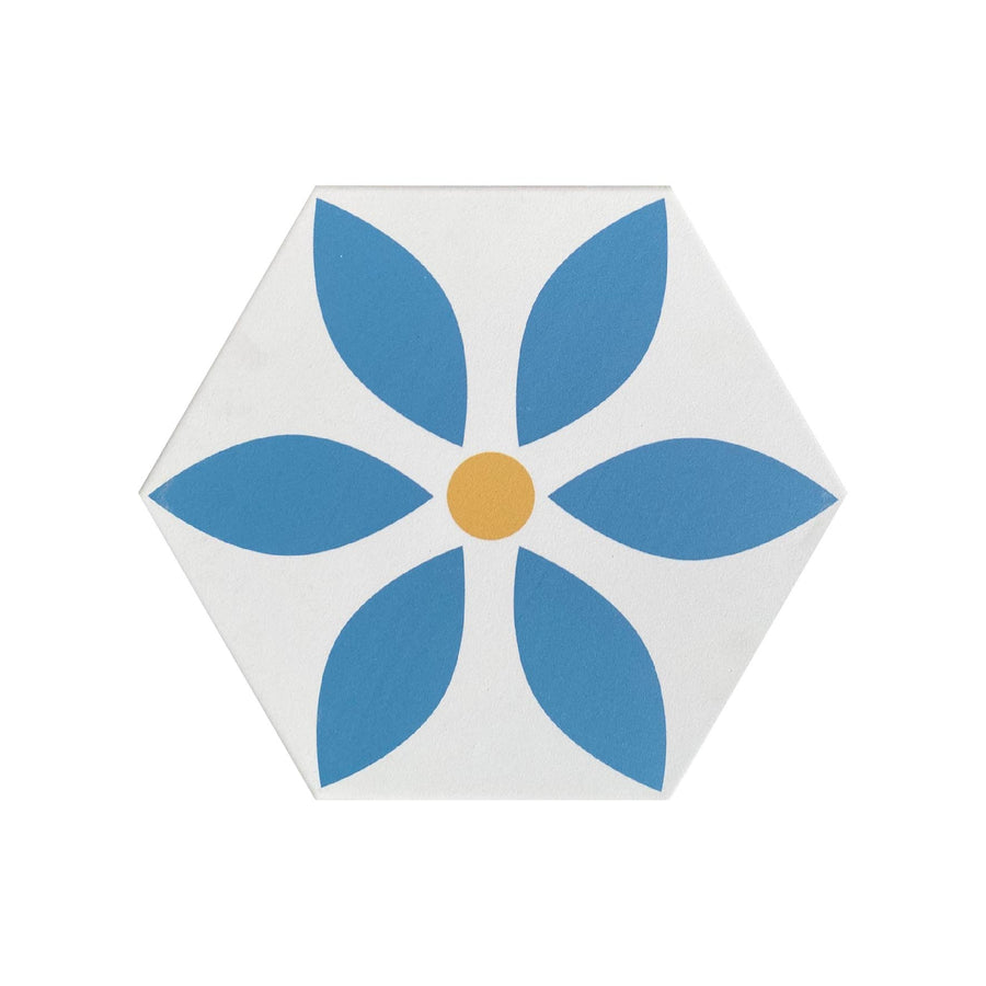 Luxury Daisy porcelain tile, premium blue and white floral pattern, stylish modern anti-slip flooring by Maria Starling Design at brixbailey.com