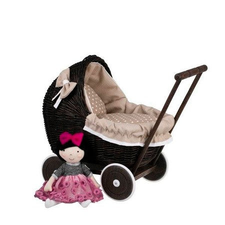 Dark Wicker Doll Pram with Beige Bedding