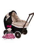 Dark Wicker Doll Pram with Beige Bedding